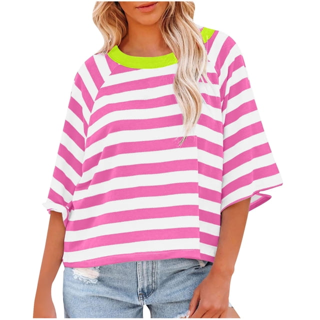 Penkiiy Chemise pour Femme en Lin à Manches 3/4, Chemise à Col Rond Unie à la Mode, Chemise à Manches Longues à Col Rond pour Femme/chemise 2TG Rose Vif