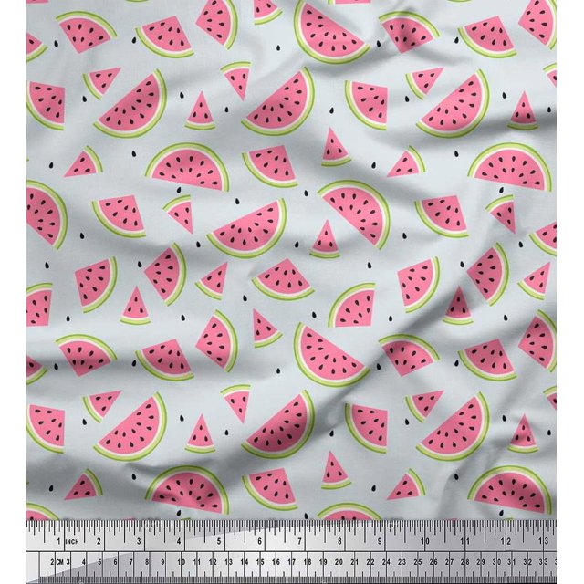 Soimoi Silk Fabric Seeds & Watermelon Fruits Fabric Prints by Yard 42 Inch Wide