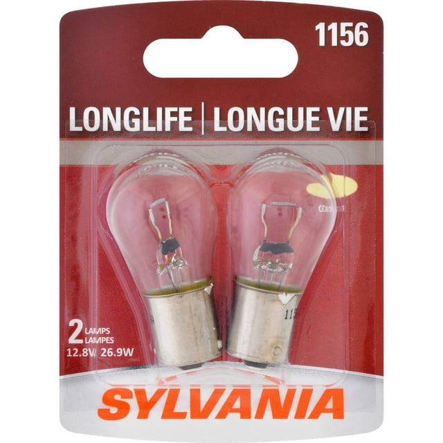 SYLVANIA 1156 Long Life Mini Bulbs package with two clear automotive light bulbs featuring metal bases, rated 12.8W and 26.9W, designed for durable car lighting and automotive replacement parts with longer life and on-road use suitability.