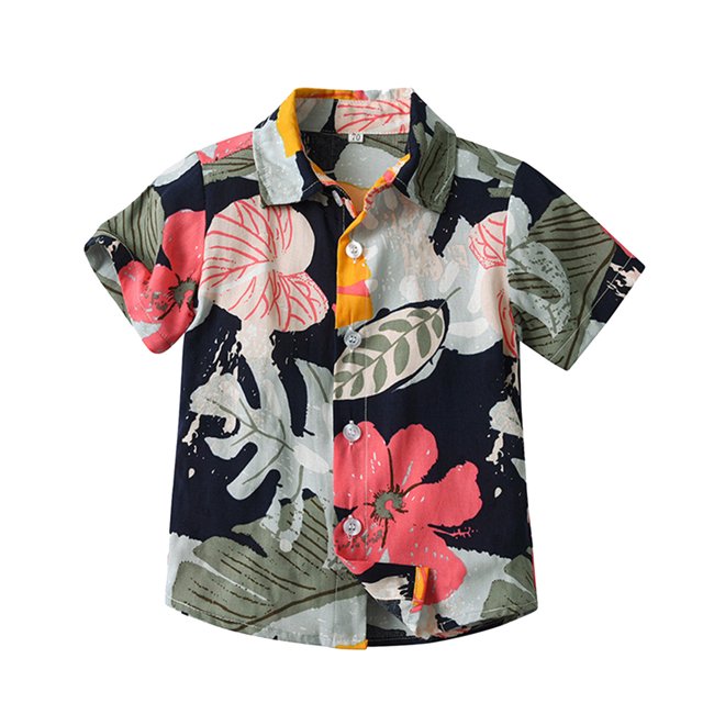 Sunnyoo Little Boy's Hawaii Beach Shirts Tropical Short Sleeved Vacation Button-Up Shirt Tops