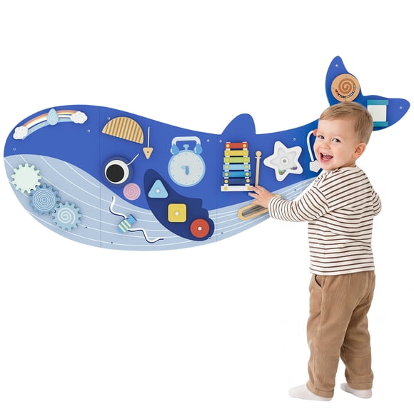 Qaba Tableau d'Activités Mural Baleine, Jouets Montessori 13 en 1 pour 2+, Bleu