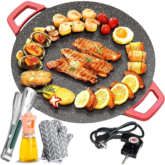 Non-Stick Electric Indoor Grill Pan, 15.7in Portable Electric Korean BBQ Grill, Smokeless Electric Grill Indoor, Comal Electrico Redondo for Steaks, Pancakes, and BBQ (15.75in)