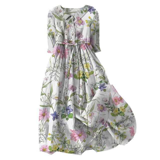 Pisexur Robe d'Automne pour Femme 2024 Mode Robe de Retour à la Maison à Imprimé Floral Manches Courtes Col Rabattu Robe Maxi Décontractée Fluide Tunique à Col en V Boutonnée avec Cordon Robe de Vacances Robe Grande Taille P-4TG