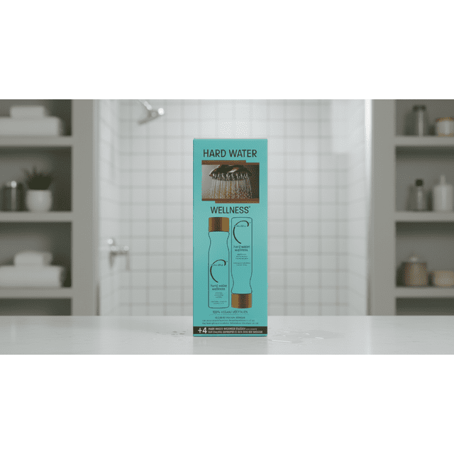 Malibu C Hard Water Wellness Collection Kit displayed in a bathroom setting. This travel-size hair care kit includes a shampoo and conditioner (9 oz each) and four treatments (5 grams each) to remove mineral buildup, prevent discoloration, and hydrate dry, damaged hair. The packaging highlights its vegan and cruelty-free formula with sulfate-free surfactant technology.