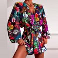thumbnail image 2 of Pompotops Femmes Casual V-Cou Bandage Manches Longues Imprimé Floral Volant Mini Robes, 2 of 5