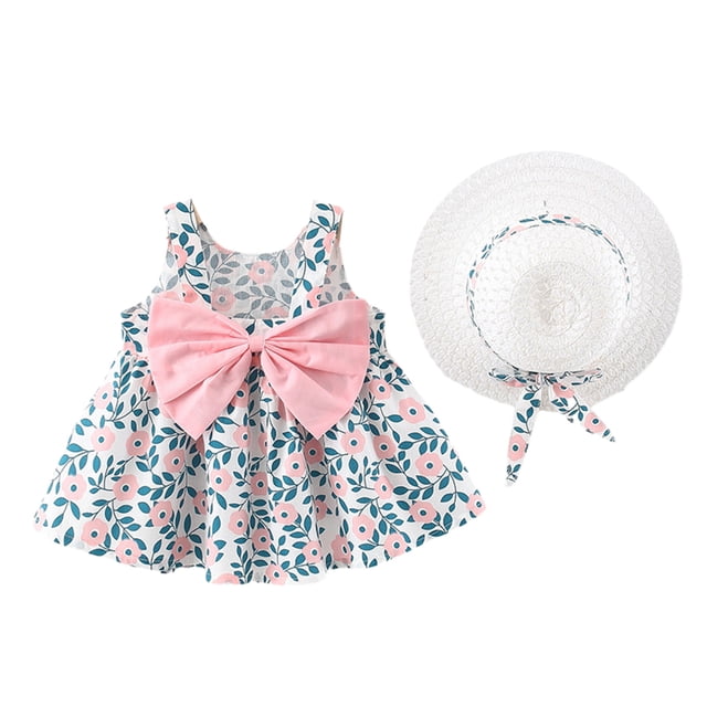 Ensemble Robe d'Été pour Filles 0-3 Ans Imprimé Fraise Sans Manches Débardeur et Chapeau