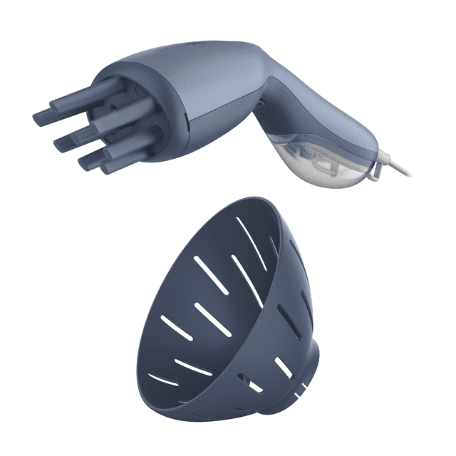 InfinitiPro Hair Steamer by Conair handheld hair steamer in matte dark gray with five hair-penetrating prongs and a detachable 7-inch diffuser attachment with ventilation slots, designed to hydrate, reshape, and condition hair for enhanced texture and volume.