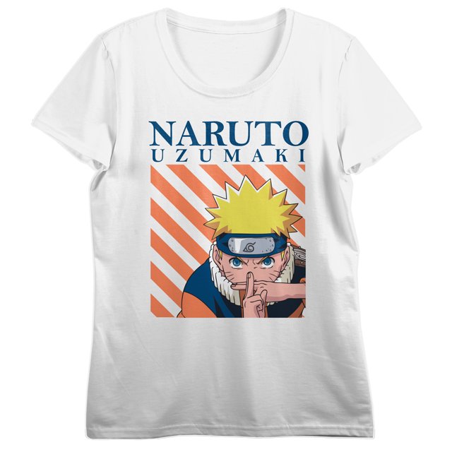 Naruto T-shirt à Manches Courtes Blanc à Col Rond pour Femme avec Personnage et Rayures Orange - Grand