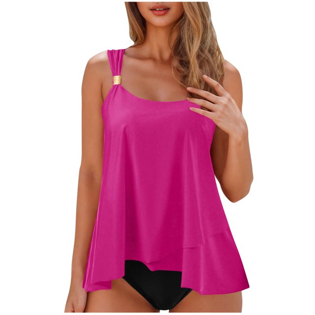 Flowy Ruffle Tankini Swimsuits for Women Beach Summer 2 Piece High Waist Bathing Suits Pool Modest Swimwear Hot Pink, M