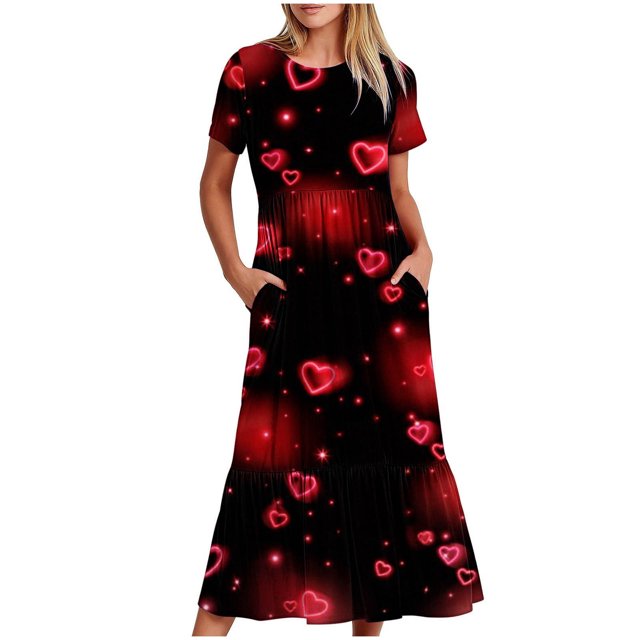 Robes d'Été Grande Taille pour Femmes 2024 à Manches Courtes, Col Rond, Coupe Ample, Imprimées, Couleur, Longue Robe, Économisez jusqu'à 65 % de Rabais!