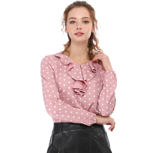INSPIRE CHIC Blouse Chemise à Manches Longues à Col à Volants pour Femme de la Saint-Valentin TP Rose à Pois