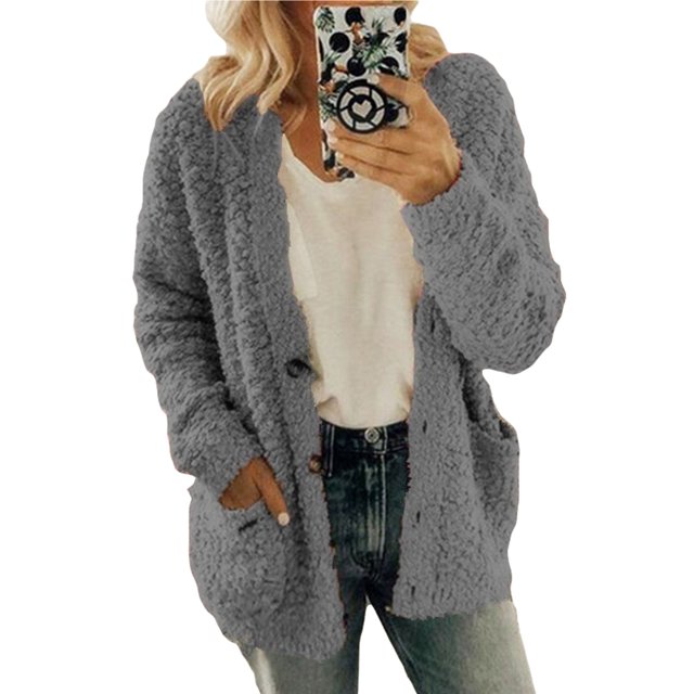 Innerwin Jacket Cardigan Ladies Outwear Party Long Sleeve Fluffy Coat Dark Gray XL