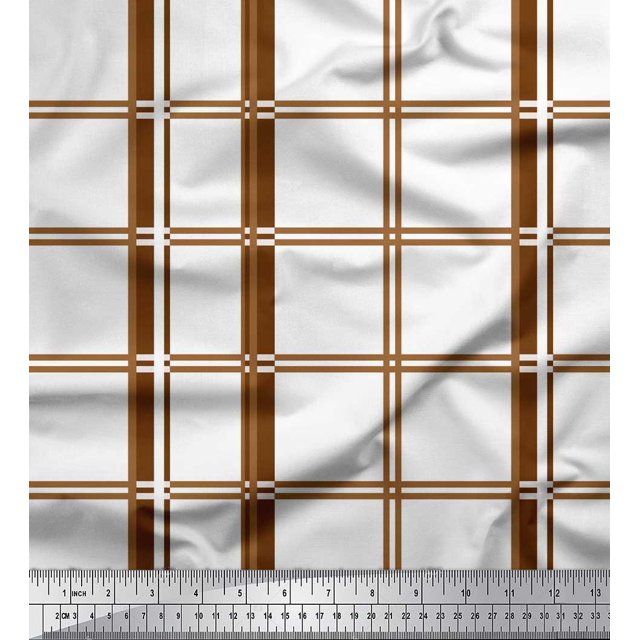 Soimoi Brown Rayon Crepe Fabric Window Pane Check Print Fabric by the Yard 46 Inch Wide