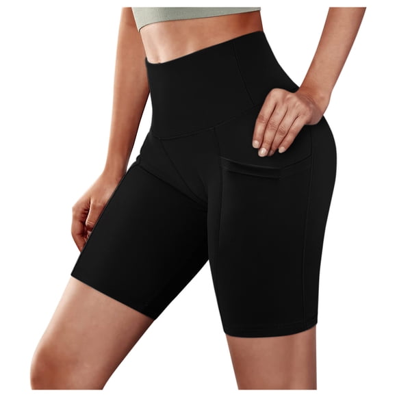 QUYUON Biker Shorts with Pockets Workout Shorts Womens High Waisted Yoga Running Athletic Shorts Volleyball Shorts Spandex Compression Fit Shorts Style S-15 Yoga Shorts Leggings , Black M