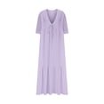 thumbnail image 4 of Pisexur Robes d'Été pour Femmes en Doux Lin-Coton Robes d'Été pour Femmes Décontractées à Col en V Manches 3/4 Robe Maxi Ample Confortable Fluide Robes pour Femmes Couleur Unie à Volants Boho Longues Robes P-2TG Violet, 4 of 5