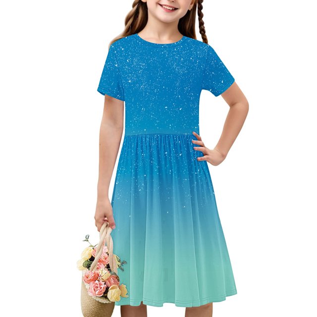 Soldes de Liquidation Aujourd'hui Offres Iumwxz Robe Décontractée Trapèze Robe Tunique pour Adolescentes Robe Col Rond Imprimé Dégradé Manches Courtes Robes pour Adolescentes Robe Élégante pour Fête des Fêtes 4-14a