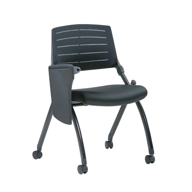 TygerClaw Chaise de Salle de Classe à Dossier Bas en Noir avec Dossier en Plastique flexible Comprenant des Fentes Horizontales, un Siège Rembourré Rembourré, un Accoudoir de table Réglable Côté Droit pour Ordinateurs Portables Ou notes, et une base Enduite avec Quatre Roulettes Pivotantes, Convient aux Salles de Classe et aux Salles de Conférence.