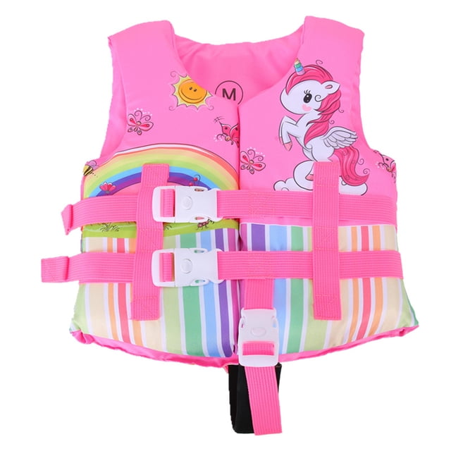 TheFound Gilet de Sauvetage de Natation pour Enfants, Imprimé d'Animaux de Dessin Animé, Veste de Flottaison Rose avec Motif Licorne et Arc-en-Ciel. Doté de Bretelles Roses Ajustables avec Triples Boucles de Sécurité pour un Ajustement Sécuritaire. Idéal pour la Natation, les sports Nautiques et les Sorties à la Plage. Convient aux Enfants de 2 à 8 Ans, Pesant 22 à 60,6 Lb. Fabriqué en Matériau nylon durable.