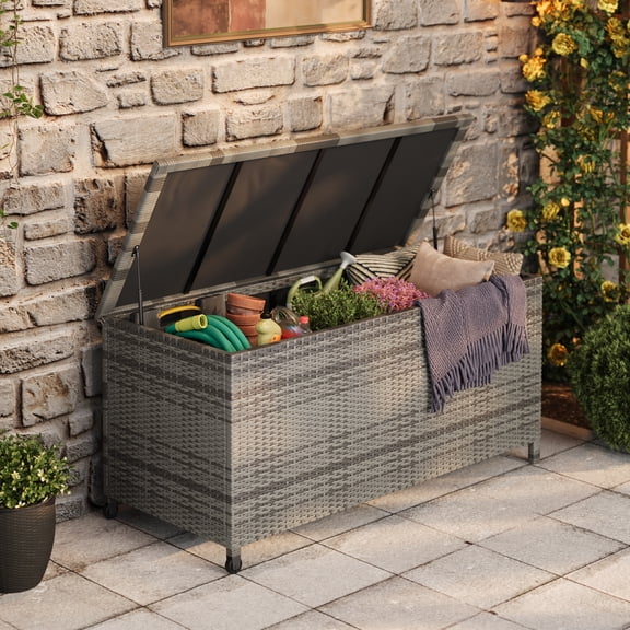 EDTara Coffre de Terrasse Extérieur de 125 Gallons, Bac de Rangement Aspect Rotin Toutes Saisons pour Coussins de Patio, Articles de Piscine, Outils de Jardin, Jouets et Accessoires de Cour Arrière