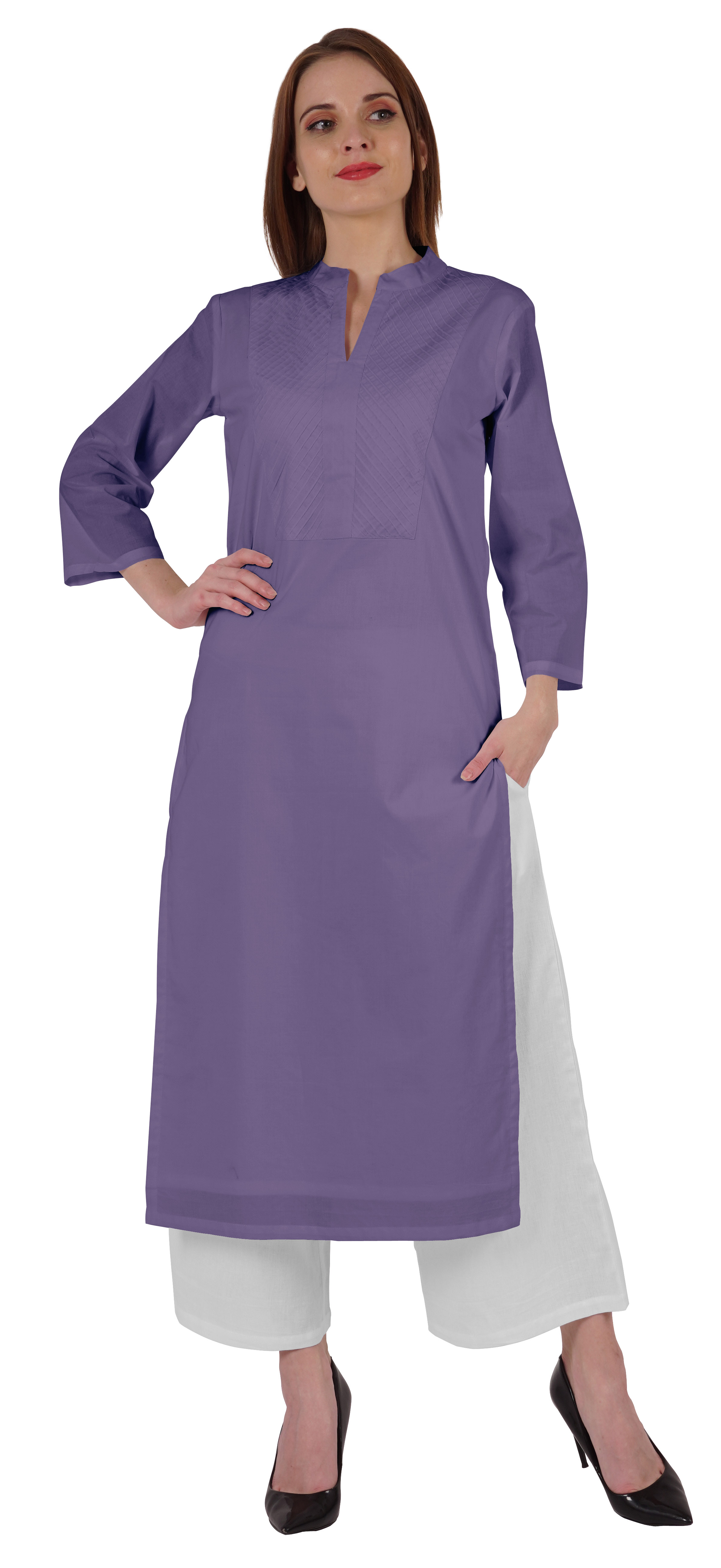 Bimba Kurta en Coton Col Mandarin avec Plis pour Femmes Ethnique Indienne Droite Unie
