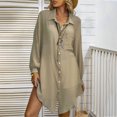 thumbnail image 2 of Robe Chemise Mini d'Été Unie à Manches Longues pour Femme, Col à Revers, Simple Boutonnage, Décontractée, Ample, Blouse, Robe Courte pour Femme, 2 of 7