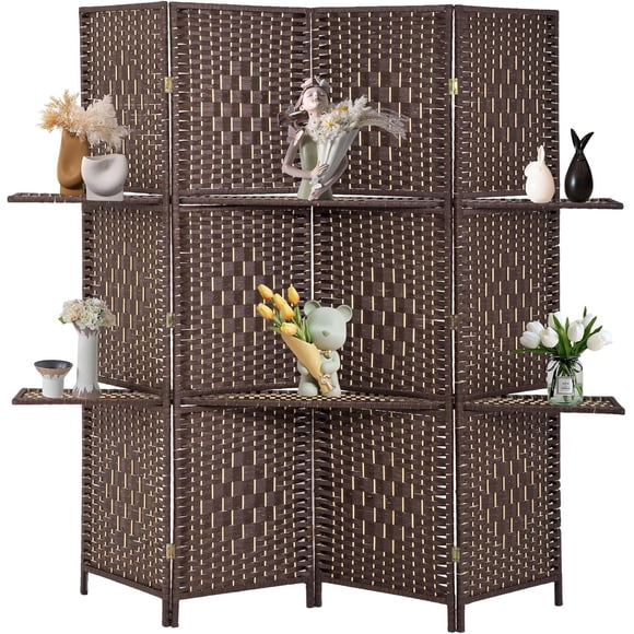 FDW Room Divider 4 Panel Room Screen Divider Wooden Screen Folding Portable Partition Wood, Removable Storage Shelves Color, Brown