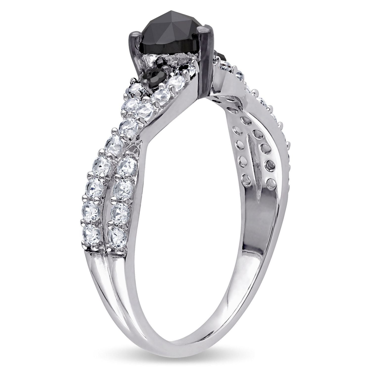 Bague de fiançailles avec diamant noir de forme coeur 3/5 CT poids total et saphirs blancs synthétiques en argent sterling