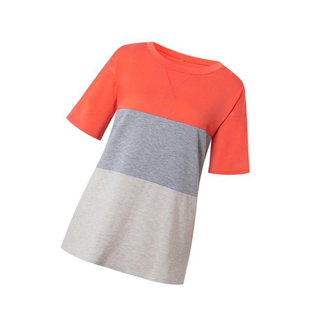 T-shirt pour Femmes à Blocs de Couleur, Blouse à Col Court, T-shirt à Blocs de Couleur pour Femmes, Haut à Manches pour Fille, Blouse à Col Rond, Rouge Coloré, TG