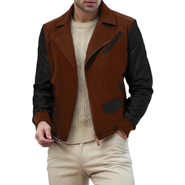 FOCUSNORM Men's Zip Up Patchwork Jacket Woolen Leather Long Sleeve Contrast Color Lapel Neck Casual Coat