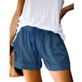 thumbnail image 2 of Women Shorts Plus Size Casual Solid Color Comfy Mid Rise Pants for Women Fashion Loose Fit Daily Trendy Womens Pants Drawstring Lightweight Party Vacation Beach Shorts with Pocket（Blue,M）, 2 of 5