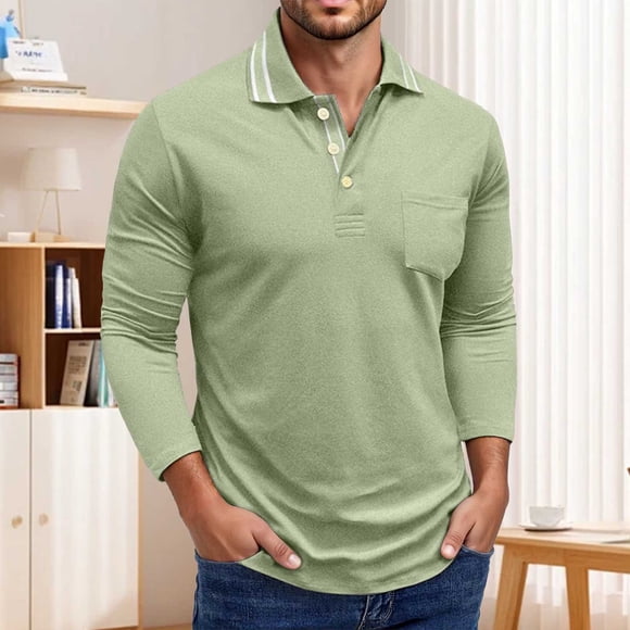 Adult Men's Polo Shirt Long Sleeve Button Polo Tees Basic Green Men's Tops
