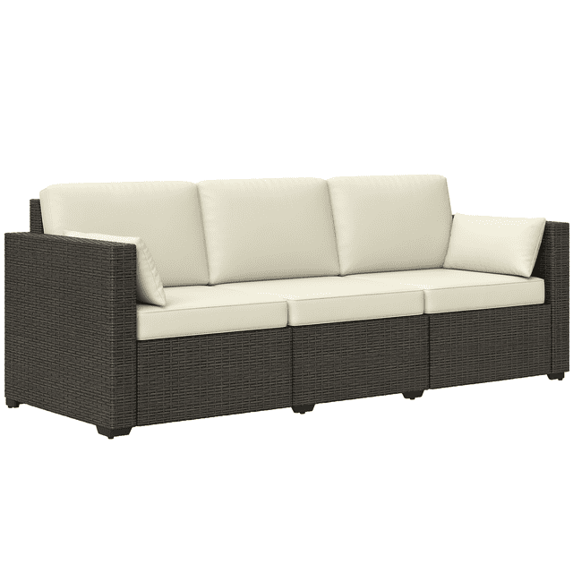 Outsunny Outdoor Sofa w/ Cushions, PE Rattan Patio Couch, Cream White
