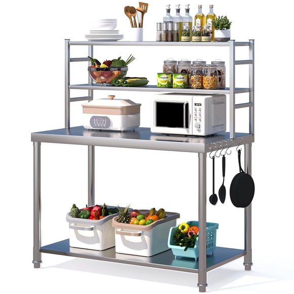 JFHID 48" x 24" Stainless Steel Table with 2 Adjustable Tier Overshelves, Commercial Kitchen Prep Table