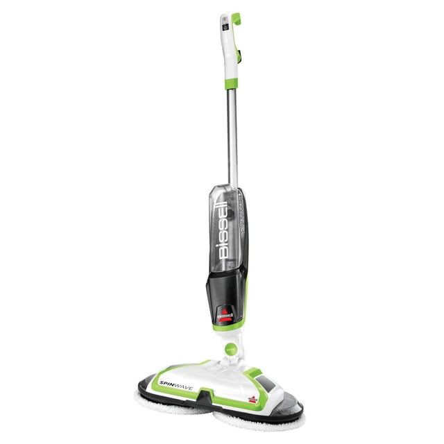 BISSELL® SpinWave™ Powered Hard Floor Mop And Floor Polisher with white and green handle featuring on-demand spray, clear water tank with BISSELL logo, and dual rotating soft touch cleaning pads for sealed hard floors like tile, vinyl, and hardwood.