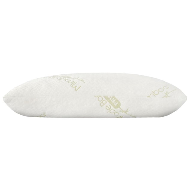 Spectacle Shredded Memory Foam Bed Pillow shown in side profile with a white bamboo and polyester jacquard cover featuring green bamboo text, containing a 100% polyurethane foam core and shredded memory foam fill for personalized, adaptable support and temperature regulation.