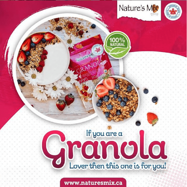 Fabriqué au CANADA - Nature's Mix Canneberge et Érable Granola, Sac Refermable, 312 g Montré avec un Bol de Granola Garni de Fraises Fraîches, de Bleuets et de Yogourt. l'Emballage Met l'Accent sur Ses Ingrédients 100 % Naturels, Y Compris des Canneberges, des Amandes, du Sirop d'Érable, de l'Avoine et de la Cannelle. Idéal pour un Déjeuner Ou une Collation Santé, l'Exposition Vibrante Comprend des Marguerites et des Baies Épar