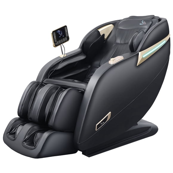 MassaMAX Fauteuil de Massage pour Tout le Corps, Fauteuil Inclinable à Gravité Zéro avec Yoga Extensible, Piste SL, Coussins Gonflables, Chauffage et Massage des Pieds, Noir/or