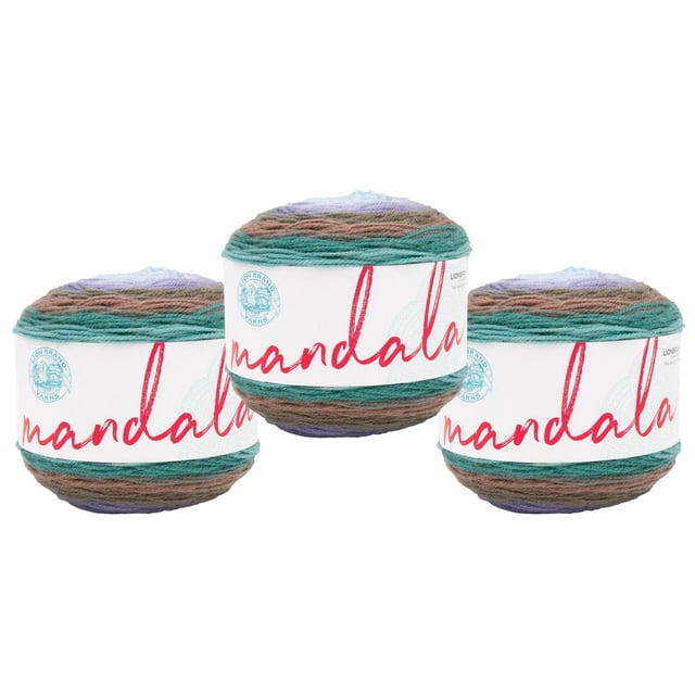 Lion Brand Yarn Mandala Multicolor Light DK Acrylic 3 Pack Yarn featuring three balls of acrylic yarn in teal, brown, purple, and blue shades with white labels marked 'mandala' in red and the Lion Brand logo, suitable for crocheting scarves, shawls, or hats.