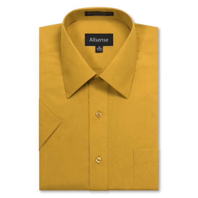 Allsense Chemise Habillée pour Hommes, Coupe Régulière, Manches Courtes Formelles, Jaune, Col 14.5 Pouces, Petit