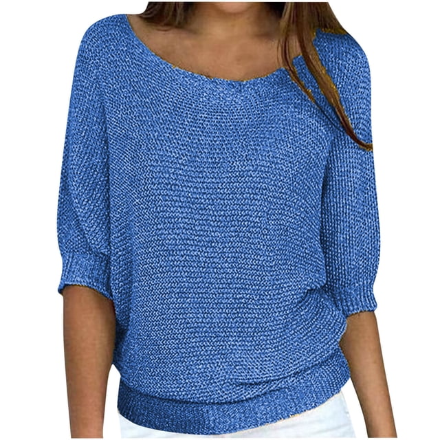Cameland Chandail en Tricot pour Femmes, Couleur Unie, Manches 3/4, Col Rond, Grande Taille