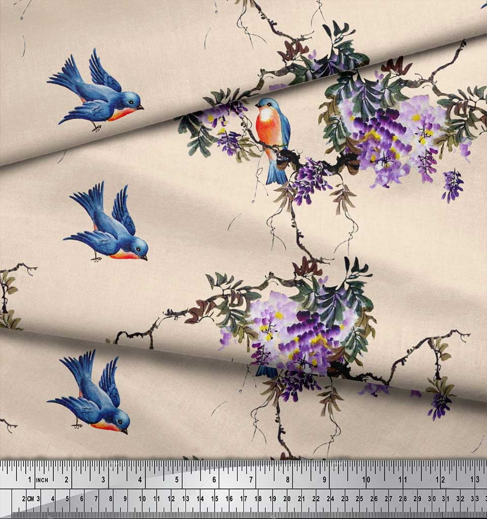 Soimoi White Poly Georgette Fabric Floral & Flowerpecker Bird Fabric Prints By Yard 42 Inch Wide