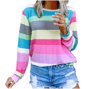 Leutsin Women Long Sleeve Round Collar Stripe Printed T-Shirt Tops Pullover Blouse