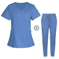 thumbnail image 4 of Ensemble de Sarraus pour Femmes, Haut de Sarrau à Col en V Extensible et Pantalon Jogger à Cordon avec 7 Poches, Anti-Froissement, Doux, Ensemble d'Uniforme d'Infirmière à Manches Courtes, Ensemble de Chemise d'Uniforme de Travail, Bleu Ciel, 4 of 5