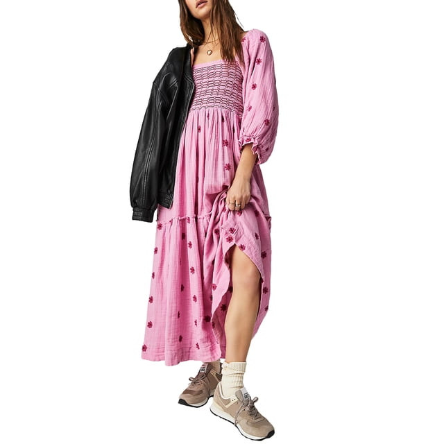 Kmbangi Robe Longue Décontractée d'Été pour Femme, Fleurs Brodées 3D, Encolure Carrée, Manches Bouffantes, Robe Mode Dos Nu, Robe Trapèze