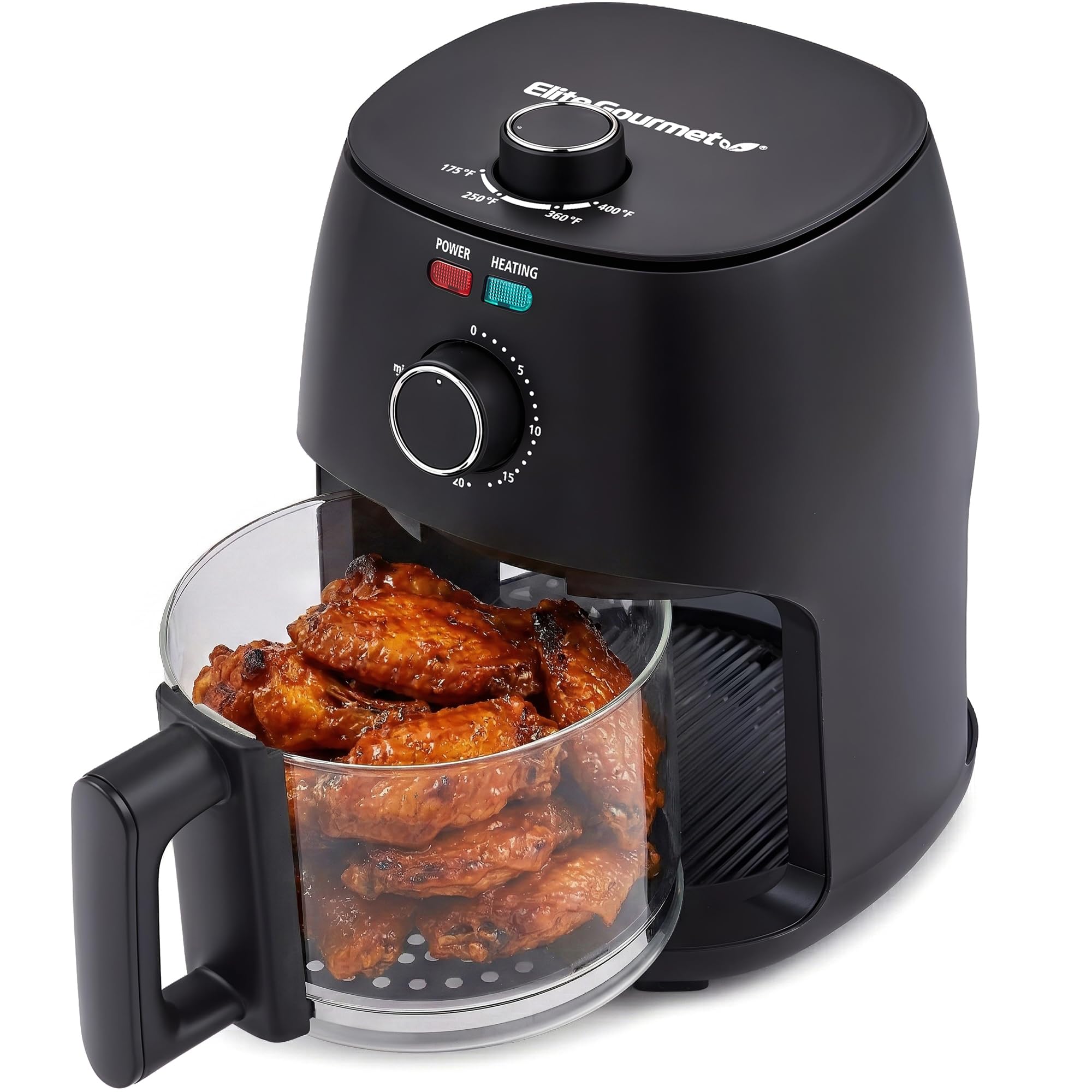 Elite Gourmet Glass Air Fryer, 2.4 Qt Compact Size for 1&acirc;??2 People, PFAS-Free Ceramic & Glass Basket, Visible Cooking, Adjustable Temp 175&acirc;??400&Acirc;&deg