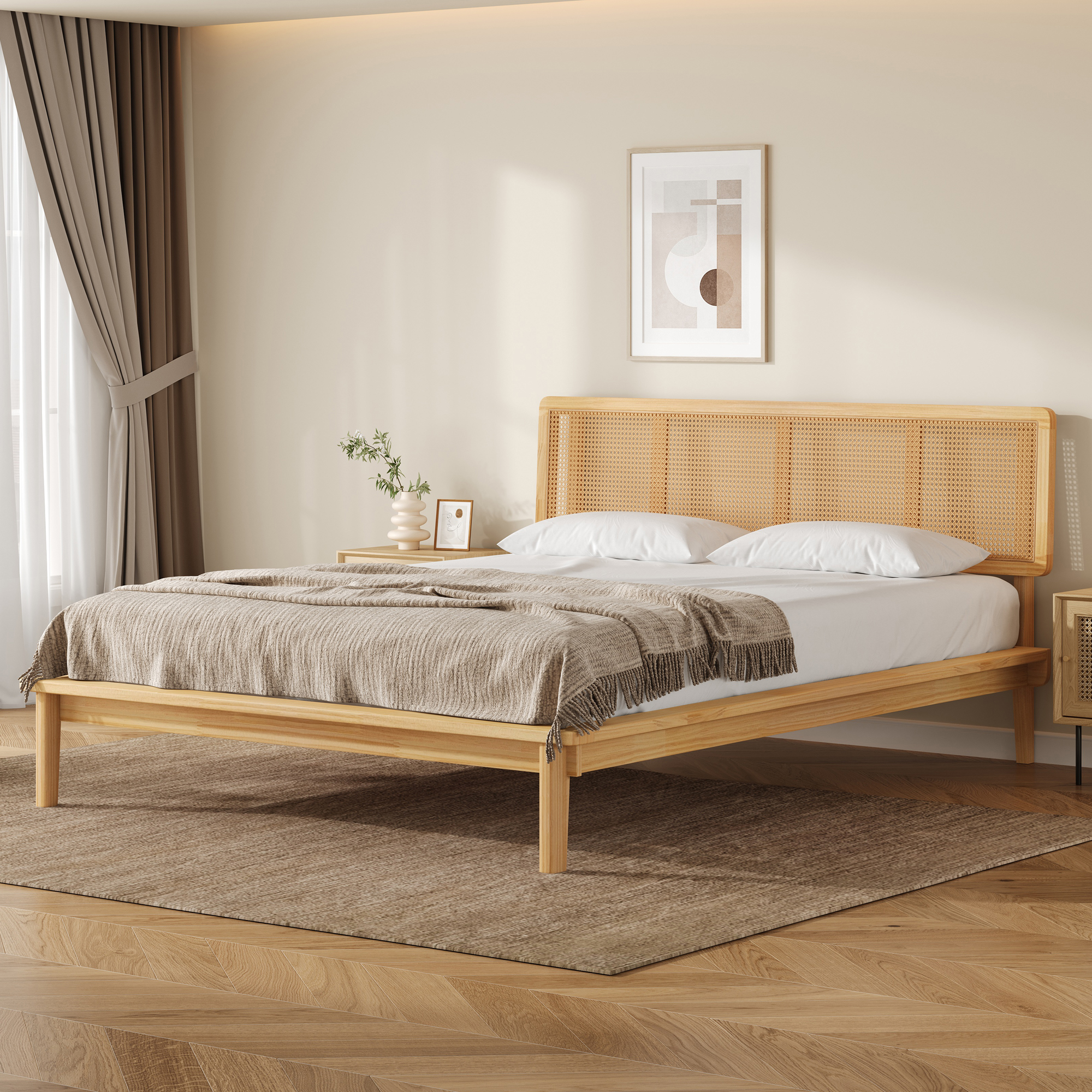 Noble House Modern Rattan Platform Bed,Cane Headboard & Footboard with Natural Woven Panels,Mid-Century Bed Frame,Walnut