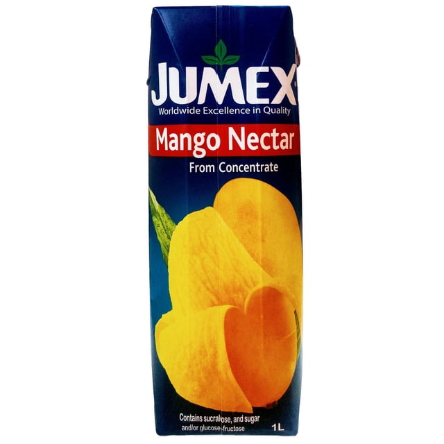 Jumex Concentrate Mango Nectar 1 L carton with blue packaging featuring a large yellow mango illustration, labeled from concentrate with added sucralose and sugar, ideal for small families and convenient storage, suitable for fruit juice blends with long lasting shelf life.