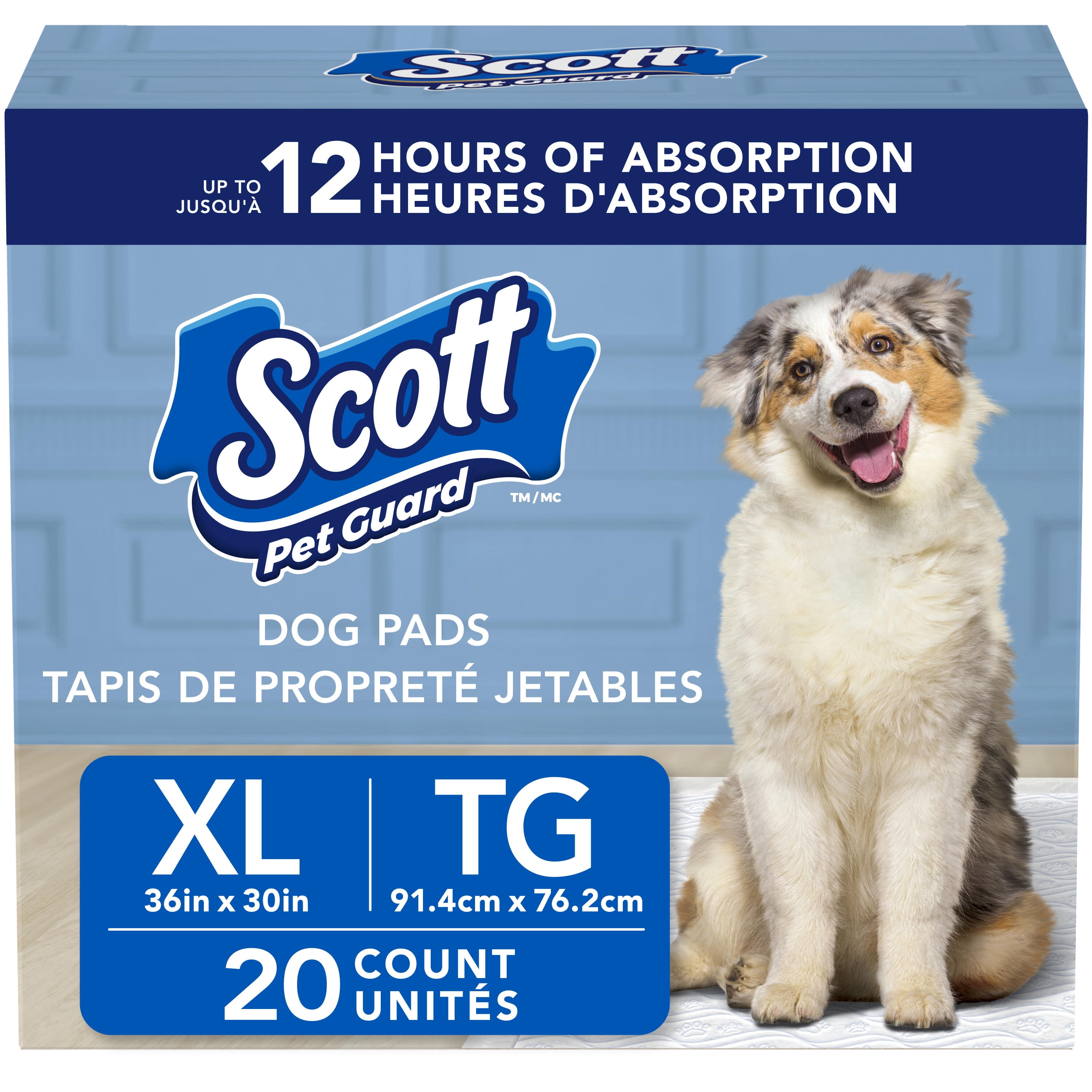 Scott Pet Guard Tapis de Propreté pour Chiens - Tapis de Propreté pour l'Entraînement des Chiots, Chiens Moyens & Grands - jusqu'à 12 Heures d'Absorption, Contrôle des Odeurs - Tapis de Propreté pour Chiens Jetables Faciles à Jeter - Taille TG - 30 Pouces x 36 Pouces - Lot de 20