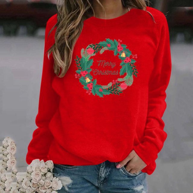 Chandail en Molleton de Noël pour Femmes à Col Rond, Mode Décontractée, Manches Longues, Imprimé de Noël, Hauts, Blouses, Chandails à Capuchon Mignons en Liquidation