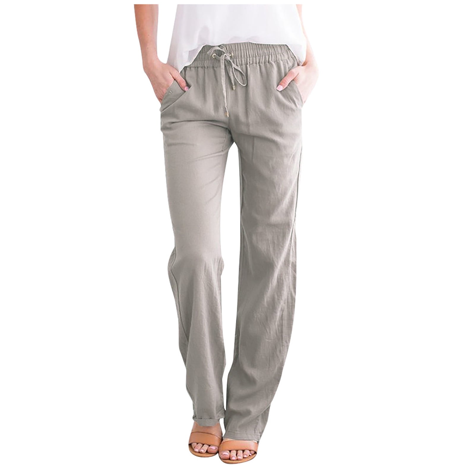 Timegard Cotton Linen Pants for Women Elastic Waisted Drawstring Straight Leg Lounge Pants with Pockets